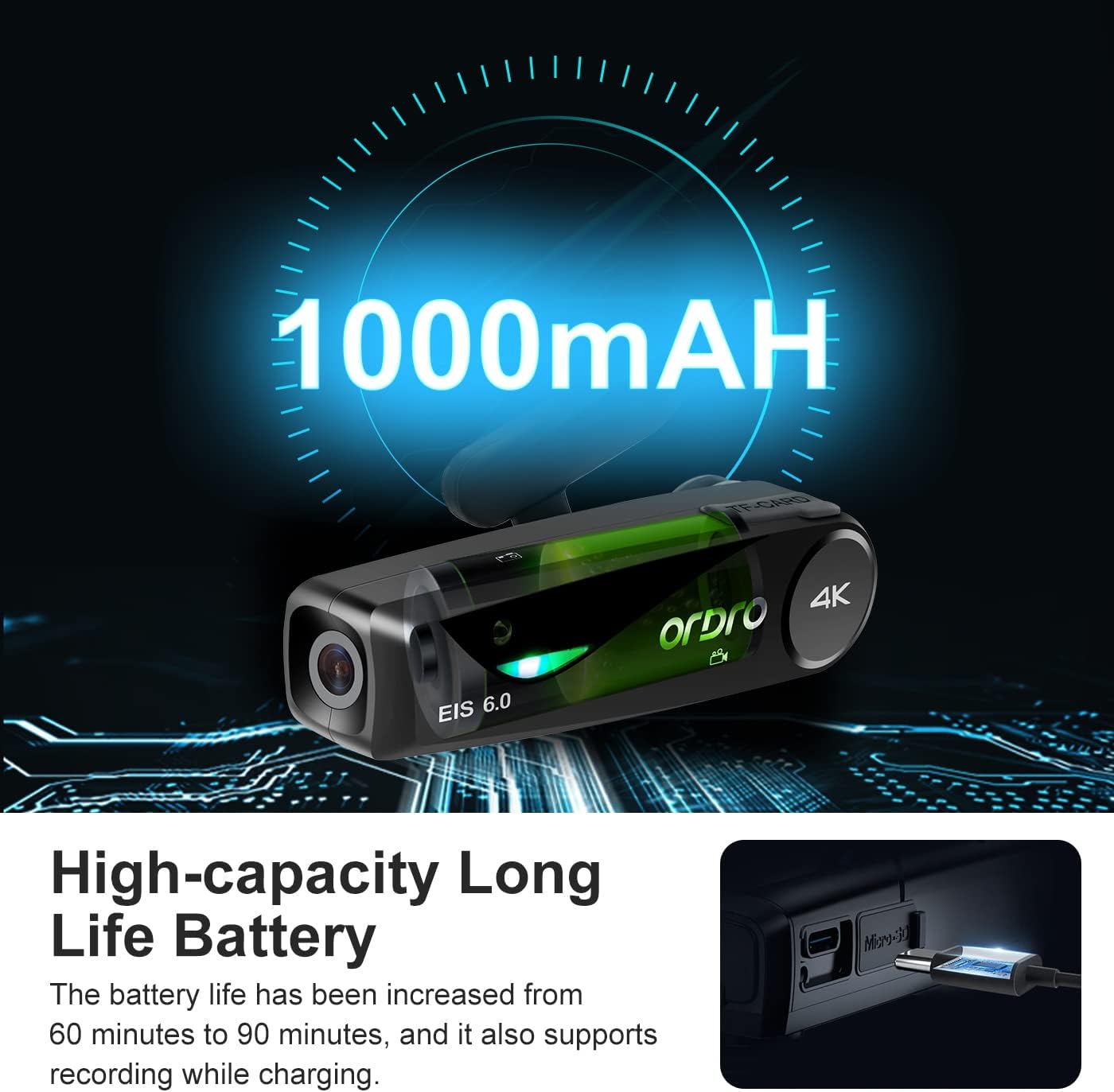 ORDRO EP6 Plus 4K Video Camcorder Wearable Vlog Camera, Vlog Video Camera UHD 1080P 60FPS Hands-Free Head Mounted Camera with EIS 6.0 Anti-Shake, 32G Micro Memory Card, Smart Remote