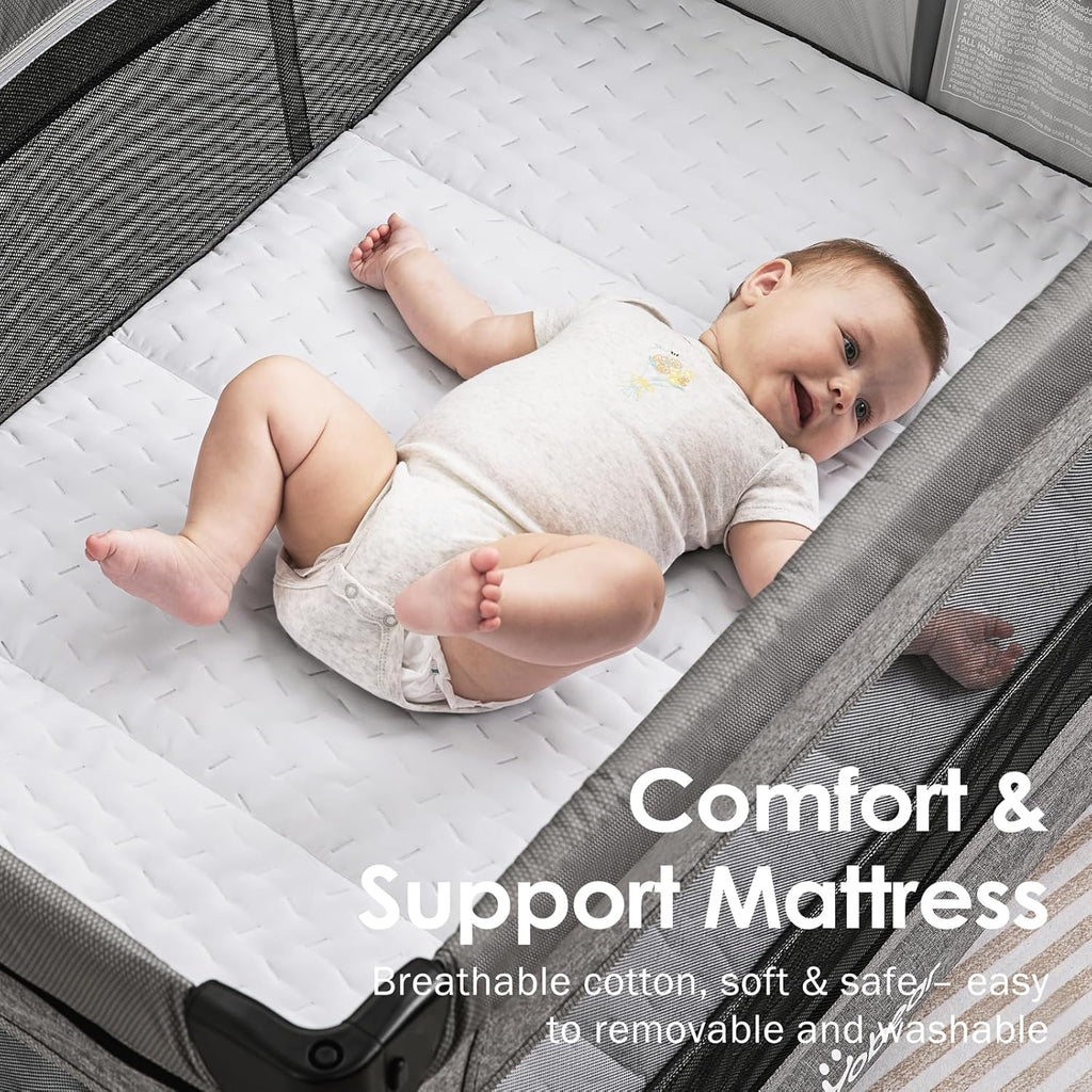 4-in-1 Baby Bassinet with Mattress - One-Push Setup Playard - Bedside Crib with Diaper Changer from Newborn to Toddler (Grey)