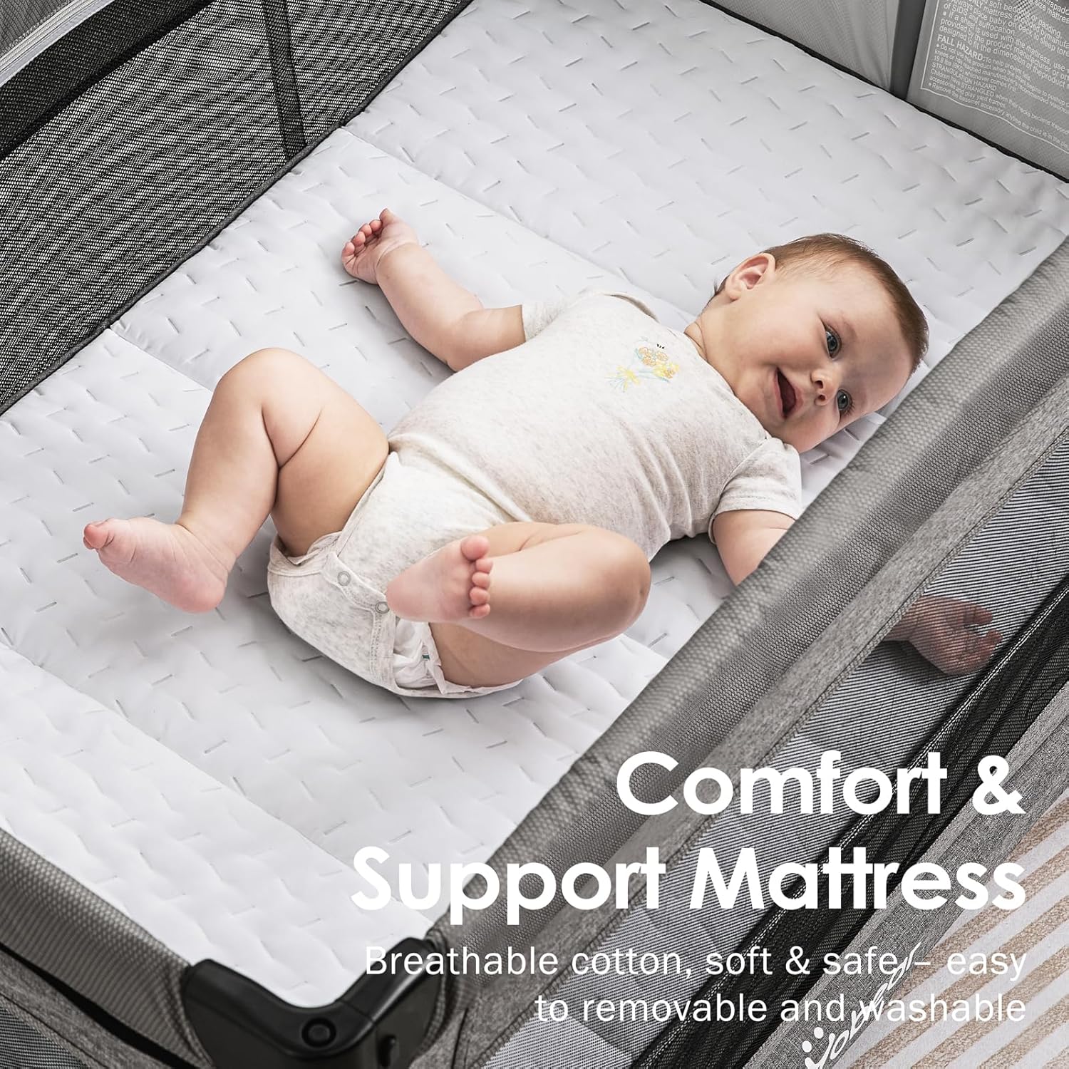 4-in-1 Baby Bassinet with Mattress - One-Push Setup Playard - Bedside Crib with Diaper Changer from Newborn to Toddler (Grey)