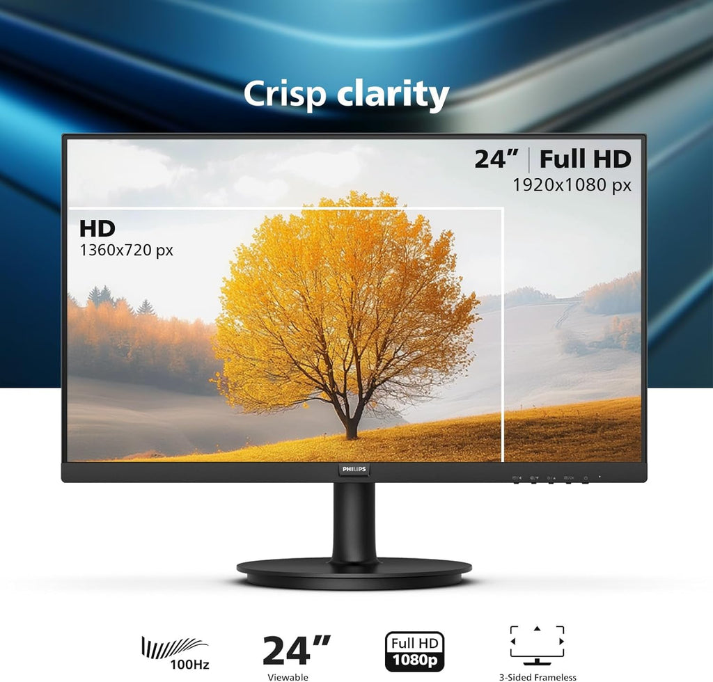 Philips New 24 inch Frameless Full HD (1920 x 1080) 100Hz Monitor, VESA, HDMI x1, VGA Port x1, Eye Care, 4 Year Advance Replacement Warranty, 241V8LB, Black