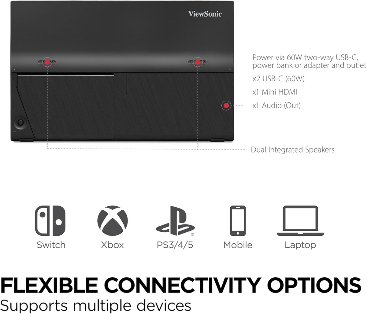 ViewSonic VX1654 16 Inch 1080p Portable IPS Gaming Monitor with 144Hz, AMD FreeSync, 2 Way Powered 60W USB C, Mini HDMI, and Built-in Stand with Protective Cover (Renewed)