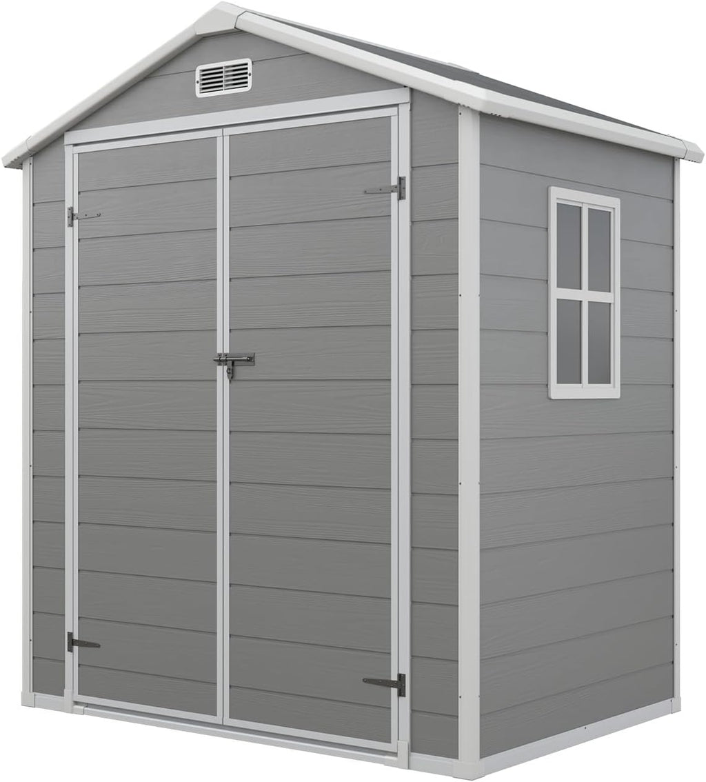 Aoxun 6x4 FT Outdoor Storage Shed, Plastic Garden Resin Shed with Floor and Window for Patio, Lawn, Outdoor Storage with Lockable Door for Bike, Tools, Garbage Can, Grey