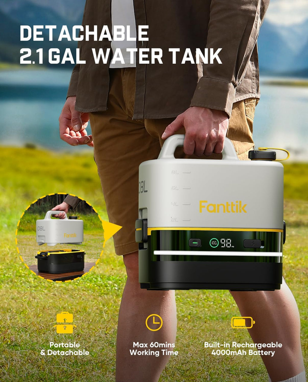 Fanttik NB10 Nano Portable Cordless Electric Sprayer w/2.1Gal Tank, HD LED Display, 4000mAh Lithium Battery, with Camping Light, Portable Washer for Light Cleaning in Home, Patio and Camping