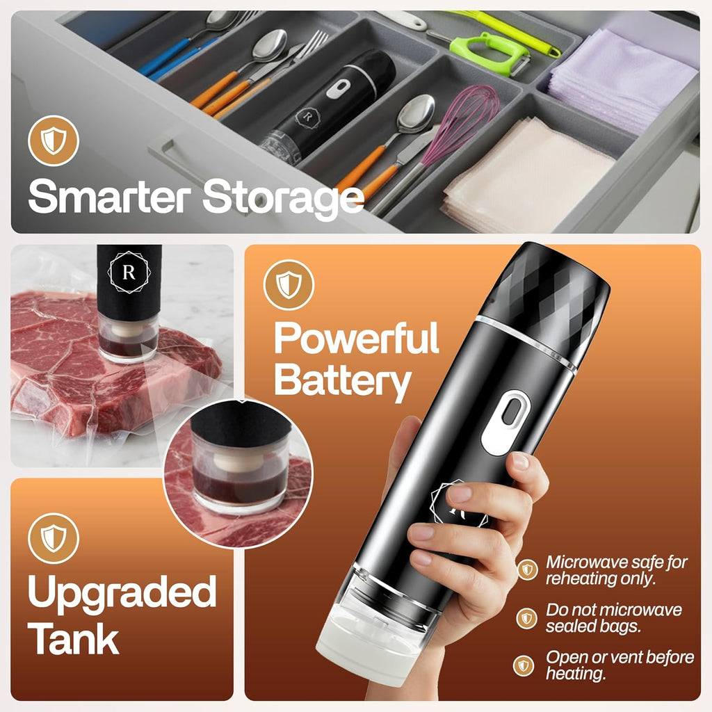 Compact Vacuum Sealer for Food - Powerful Handheld Vacuum Sealer with 30 BPA-Free Reusable Bags and 5 Clips, Rechargeable Cordless Sealer with Detachable Moisture Tank for Meal Prep, Freezer & Travel