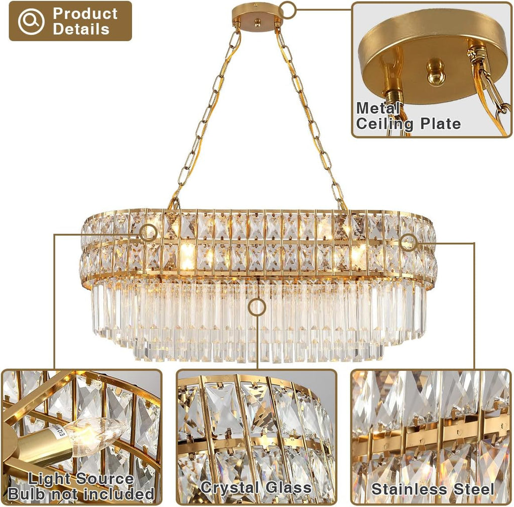 Modern Crystal Chandelier Gold Finish Light Fixture, Oval Crystal Pendant Light Hanging Lamp, for Living Room, Dining Room, Restaurant, E12 x 8, 29.5 x 13 inch