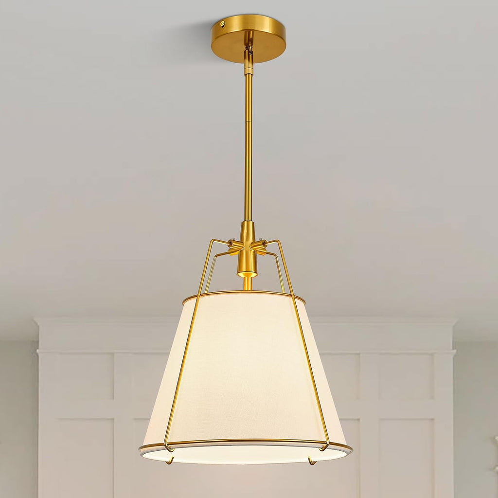 Modern Pendant Light Fixtures with 13" Off-White Linen Fabric Shade, Adjustable Hanging Light Fixture,Drum Gold Vintage Chandelier for Kitchen Island Bedroom Dining Room Foyer Entryway