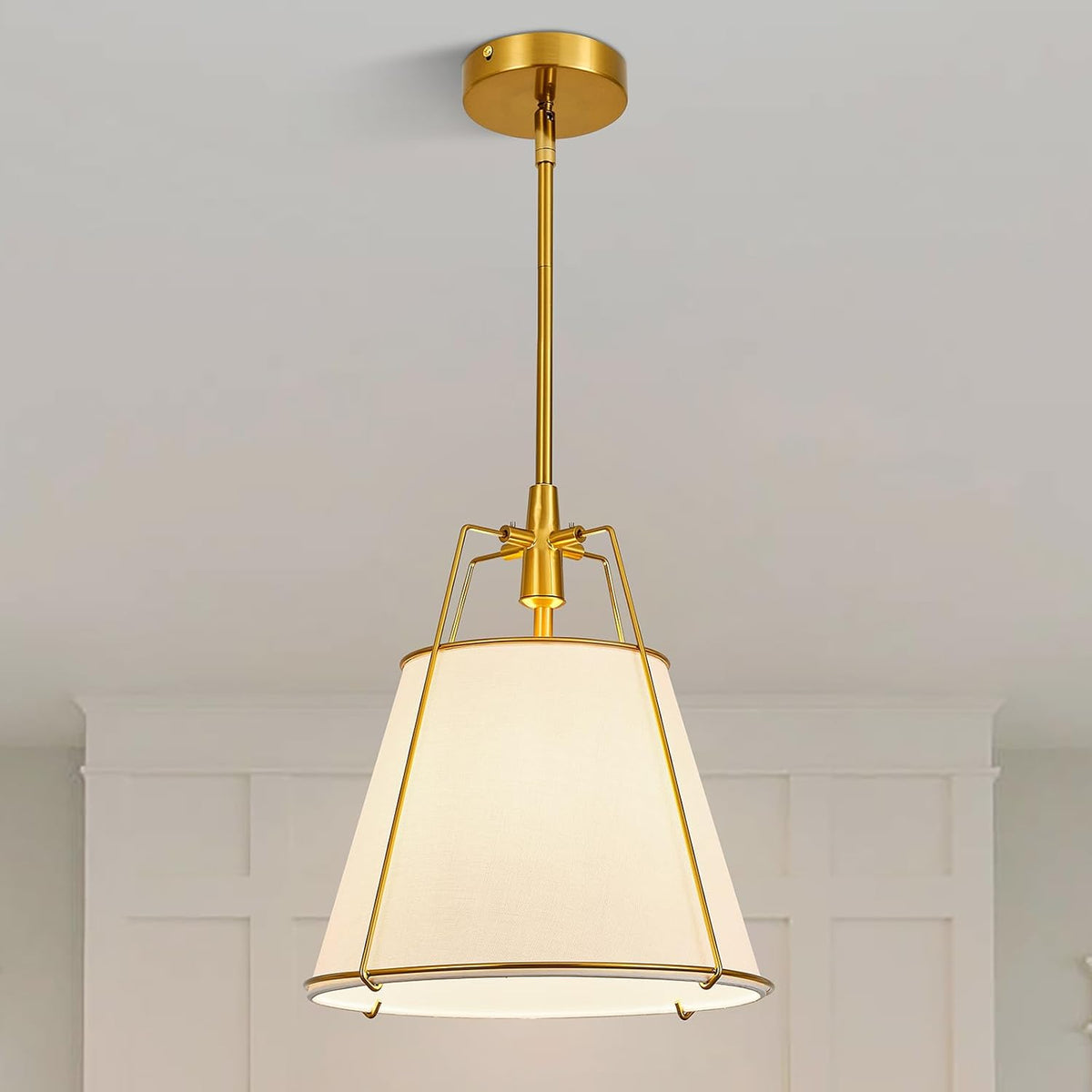 Modern Pendant Light Fixtures with 13" Off-White Linen Fabric Shade, Adjustable Hanging Light Fixture,Drum Gold Vintage Chandelier for Kitchen Island Bedroom Dining Room Foyer Entryway