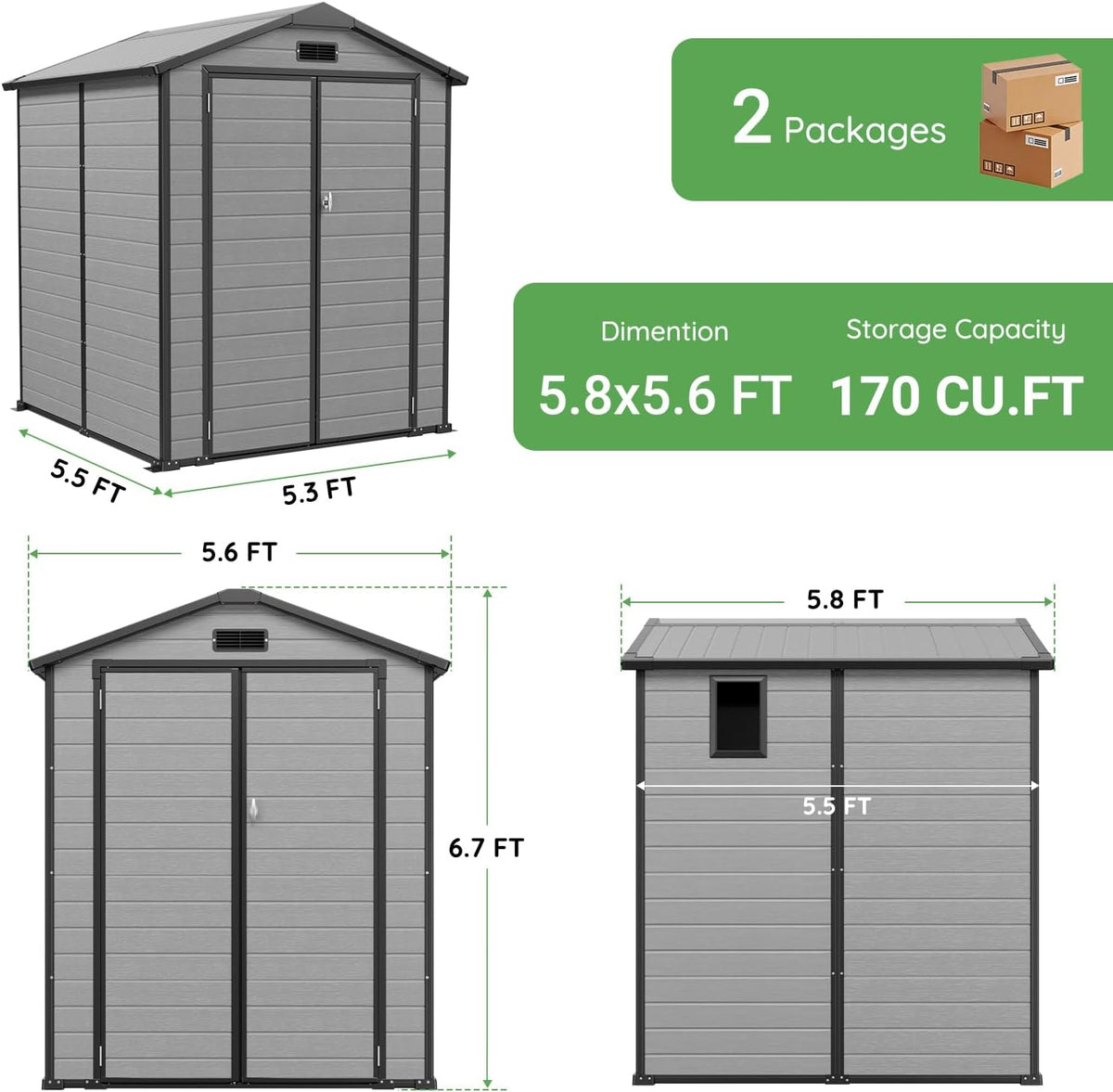 5.8x5.6 FT Plastic Outdoor Storage Shed with Transparent Roof, Easy Assembly Resin Shed with Floor & Windows Lockable Double Doors Shed for Your Backyard Garden Patio Lawn