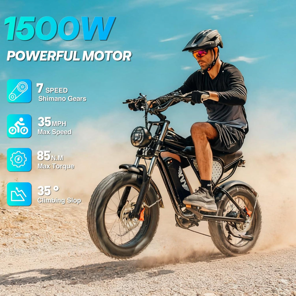 YVY 1500W Peak Electric Bike for Adults, 35MPH Top Speed 48V 20Ah Battery eBike, UL2849 Certified Mountain e-Bike for Hill Climbing, 20" Fat Tire All-Terrain, Full Suspension