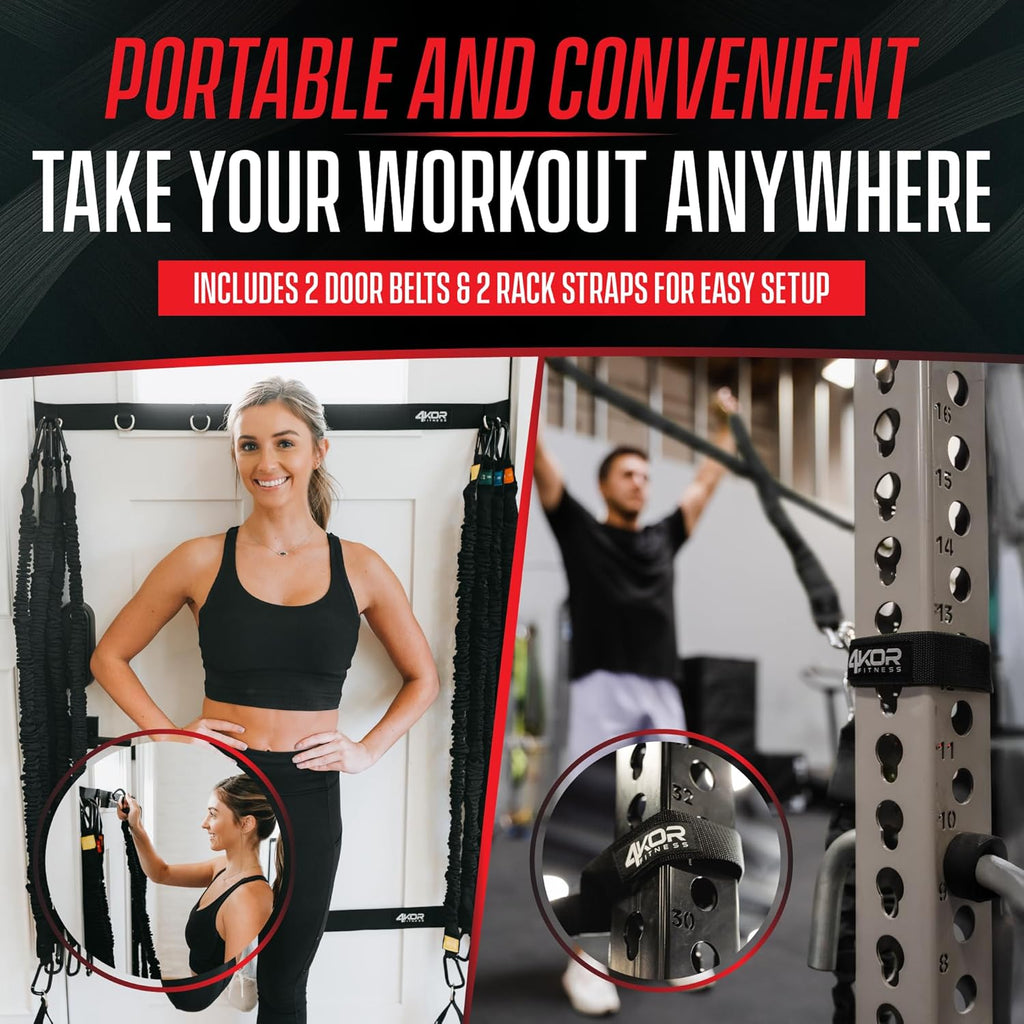 4KOR Deluxe Shoulder and Full Body Cross Anchored Resistance Cord System with Interchangeable Handles, Foot Straps, and Workout Guide. Exercise Bands with Nylon Sleeves, Anchors, and Carry Bag