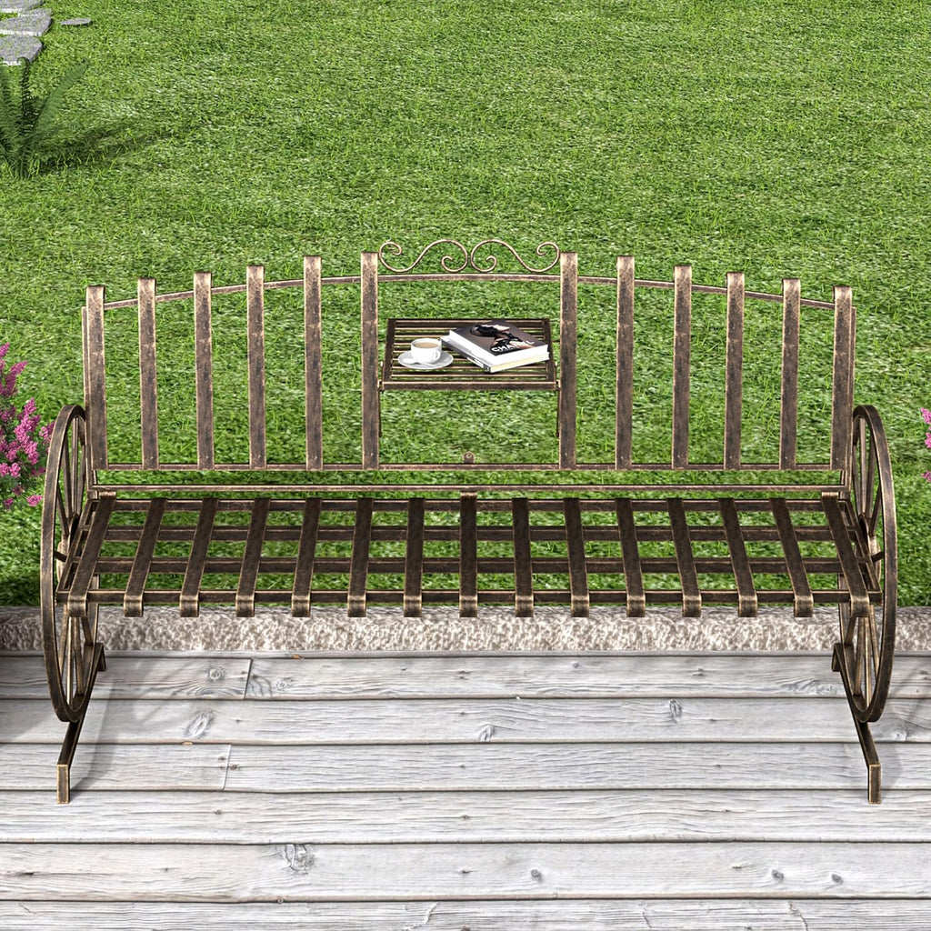 Outdoor Bench Patio Outdoor Garden Bench with Built-in Table, Wagon Wheel Arms, 3 People Outdoor Bench Garden Bench Front Porch Furniture Patio Lawn Yard Park (Bronze)