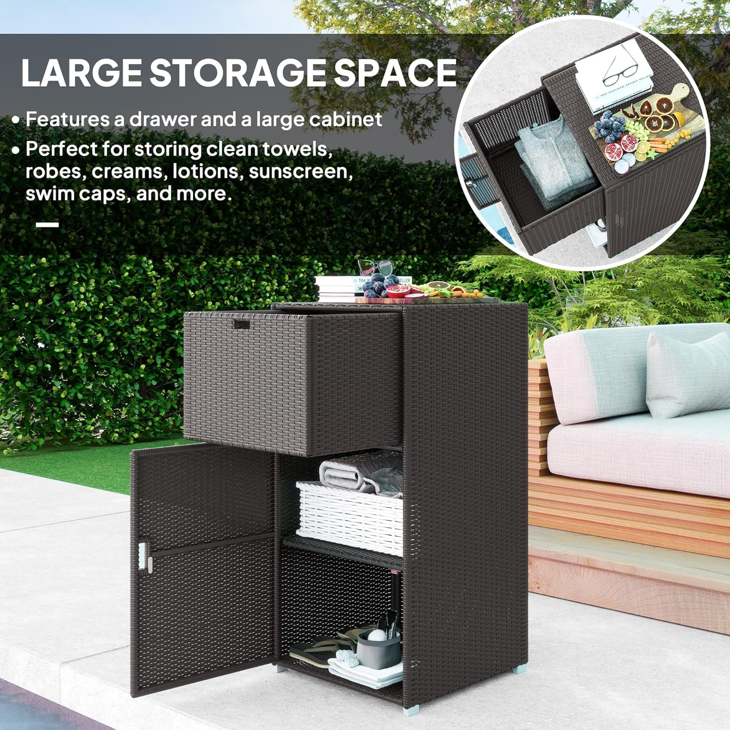 Outsunny Outdoor Towel Rack & Pool Storage Cabinet/Hot Tub Accessory Storage, Waterproof PE Rattan Cabinet & Basket Drawer for Indoor, Swimming Pool, Spa, 24"x24"x47", Dark Brown