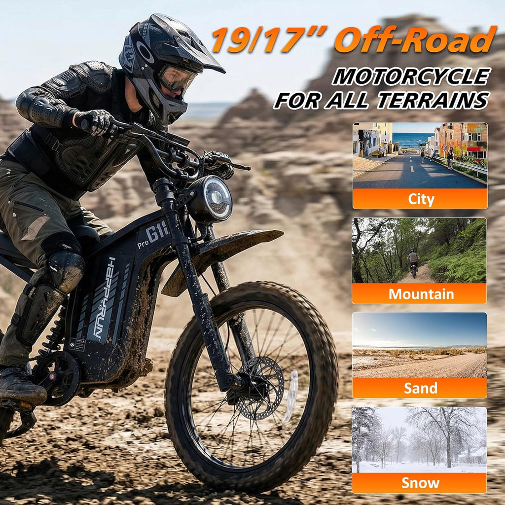 HAPPYRUN G18pro Electric Dirt Bike for Adults – 4500W Peak Motor, 60V 35Ah Battery, 38 mph Top Speed, 75 Mile Range, 5-Level Speed Control, Full Suspension, Hydraulic Brakes, 19″/17″ Off-Road Tires