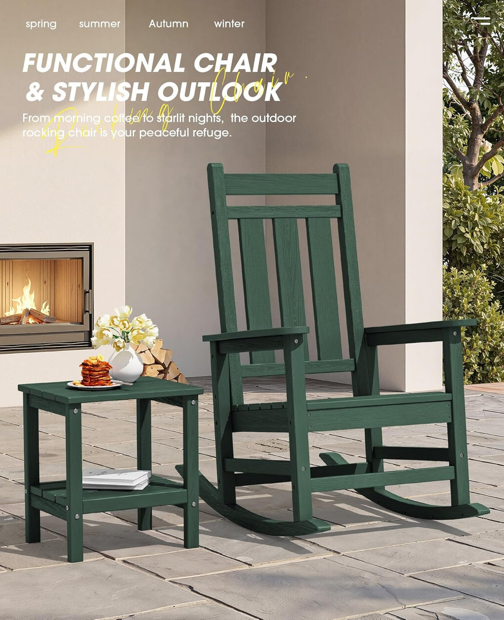 KINGYES Oversized Outdoor Rocking Chair Set of 2, All-Weather Patio Rocking Chairs for Porch, HDPE Outdoor Patio Recliner Rockers with High Back & Wide Seat for Garden, Lawn, Green