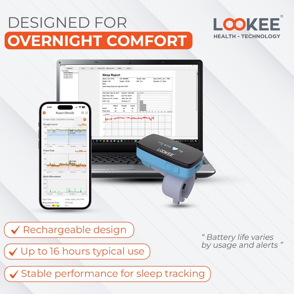 LOOKEE Ring-Pro Wearable Oxygen Monitor with Vibration Reminder for Low O2 - Continuous Pulse Oximeter -Rechargeable Blood Oxygen Saturation Tracker for SpO2 & PR - Free APP & PC Reports