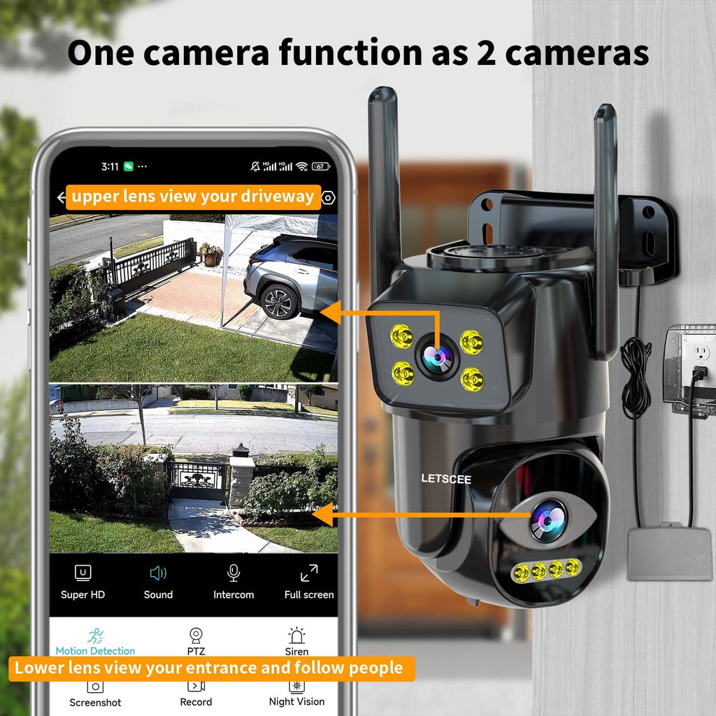 LETSCEE Dual Lens WiFi Security Camera Outdoor,5G/2.4G PTZ Outdoor Auto Tracking,HOM Security Surveillance System Camera,WiFi,Night Vision,7/24 Recording