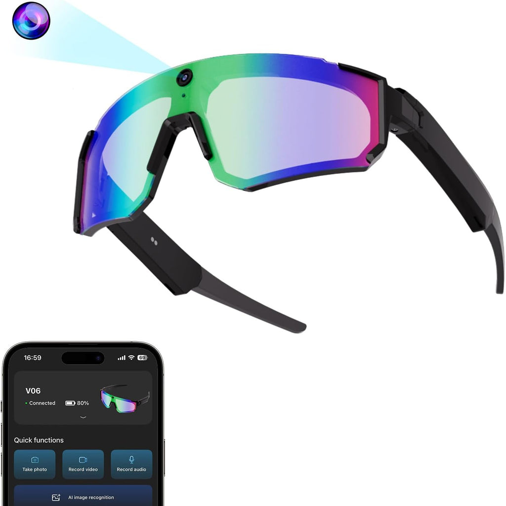 AI Smart Glasses with 32MP Camera, Video Recording Glasses with Voice Control, Built-in Microphone, AI Voice Assistant, UV Protection, for Cycling & Hiking
