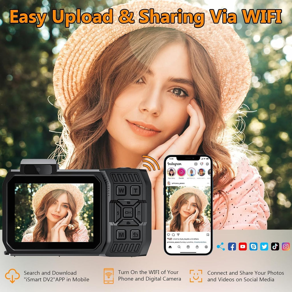 UHD 8K Underwater Camera, 70MP 33FT WiFi Waterproof Digital Camera with 64GB Card, Auto Focus Waterproof Dual-Screen Selfie 2500mAh Battery, 18X Floatable Digital for Snorkeling, Orange