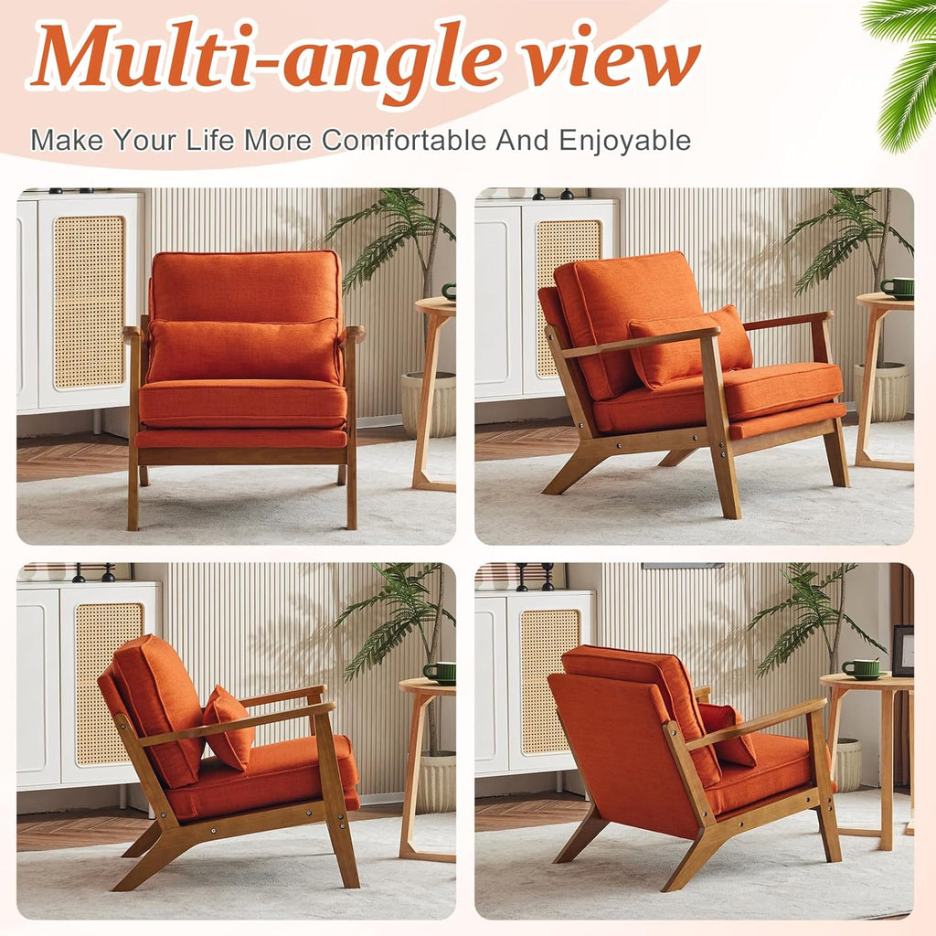 Vingli Solid Wood Wide Armrests Accent Chair Set of 2,Upholstered Mid Century Modern Chair with Pillow,Farmhouse Arm Chair Comfy Reading Chair,Chairs Living Room,Bedroom,Guest Room,Linen Fabric,Orange