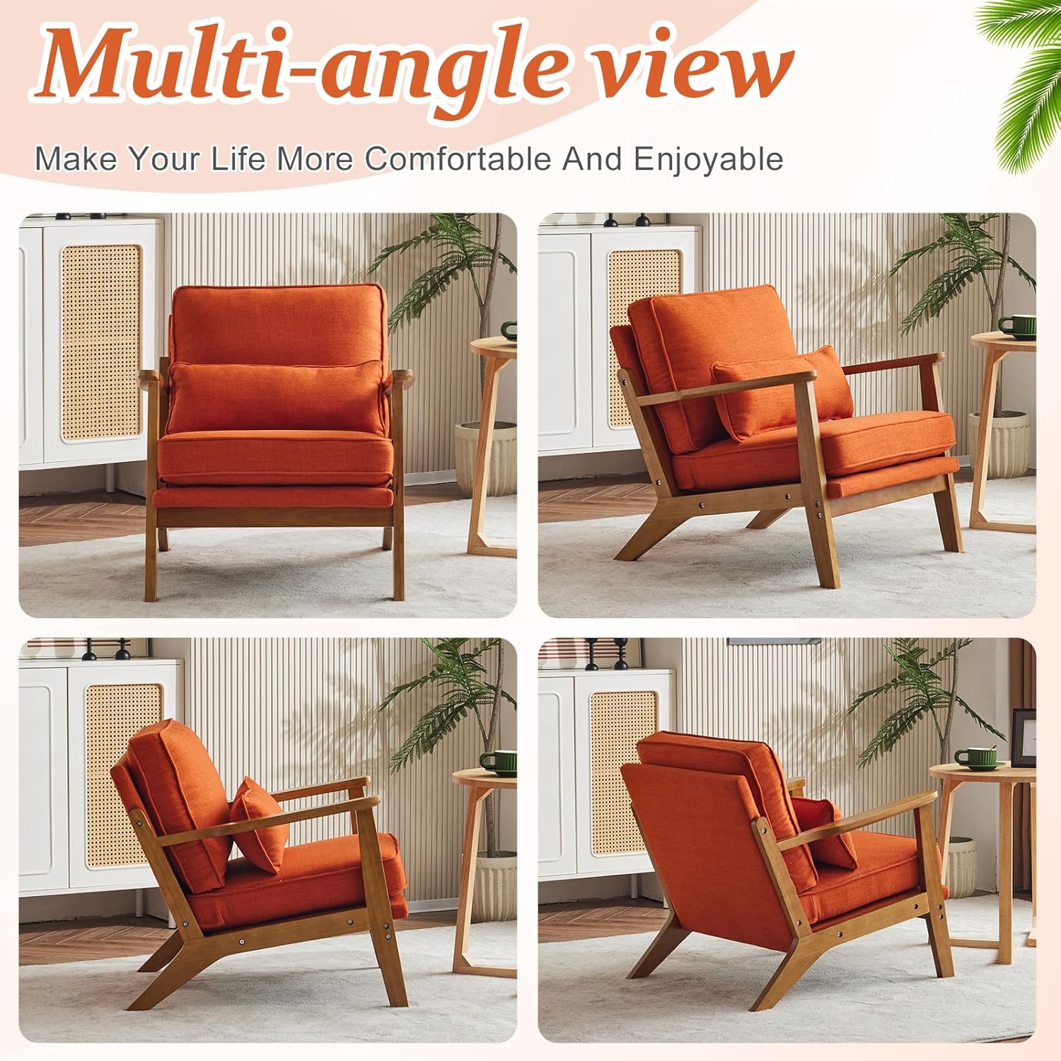 Vingli Solid Wood Wide Armrests Accent Chair Set of 2,Upholstered Mid Century Modern Chair with Pillow,Farmhouse Arm Chair Comfy Reading Chair,Chairs Living Room,Bedroom,Guest Room,Linen Fabric,Orange
