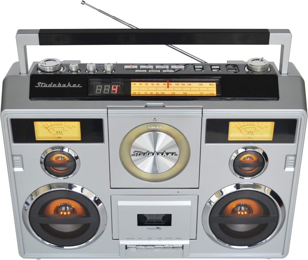 Studebaker Sound Station Portable Stereo Boombox with Bluetooth/CD/AM-FM Radio/Cassette Recorder (Silver)