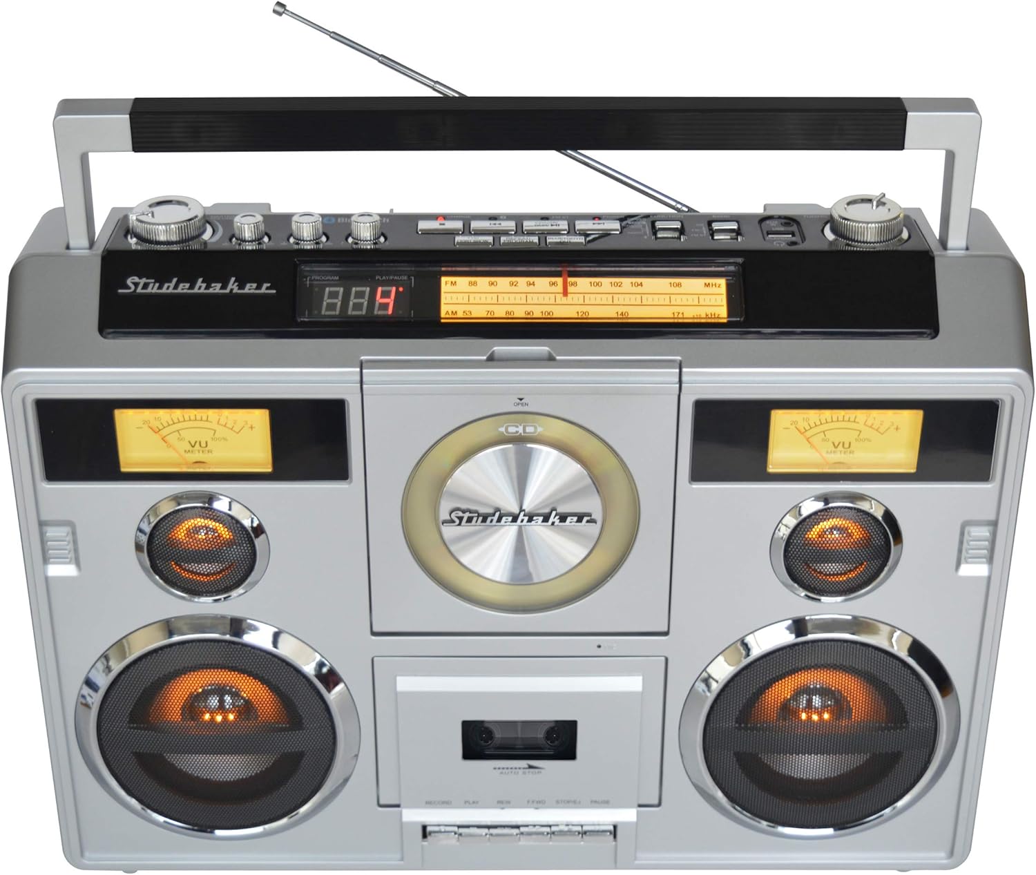 Studebaker Sound Station Portable Stereo Boombox with Bluetooth/CD/AM-FM Radio/Cassette Recorder (Silver)