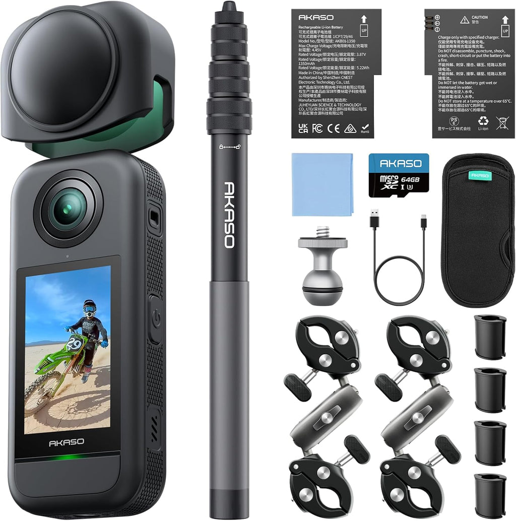 AKASO 360 Weatherproof 360 Action Camera - 5.7K 360 Video with 1/2" 48MP Sensors, 72MP 360 Photo, 360-SuperSmooth, Invisible Selfie Stick, 360° Horizon Lock, AI Tracking with 256GB MicroSD Card