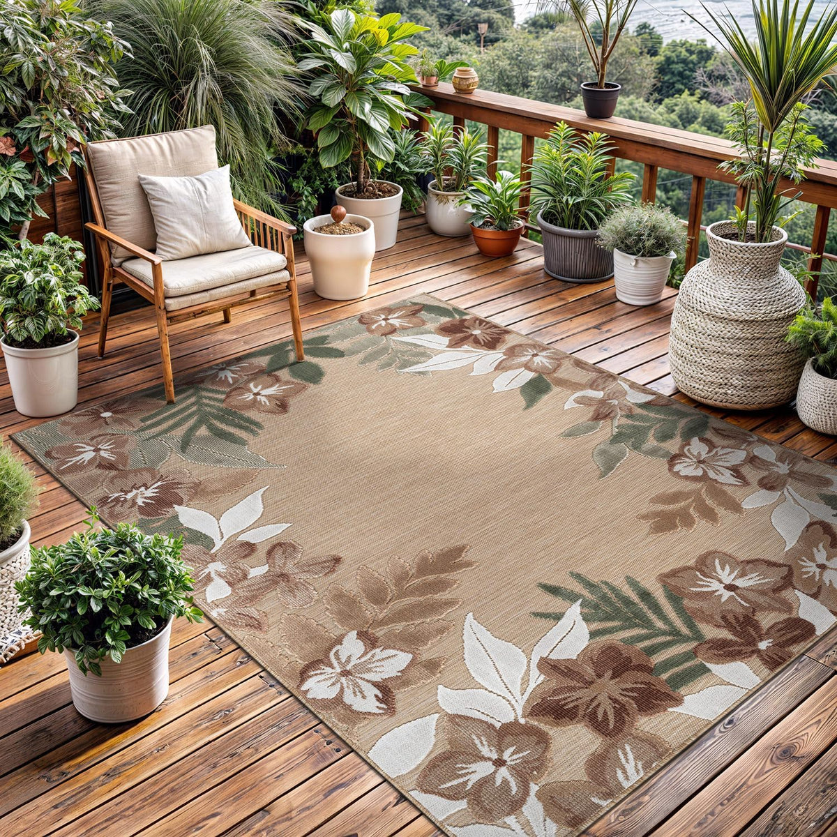 Outdoor Rug 9x12 Washable Area Rugs Indoor Outdoor Carpets Beige Border Floral Non Shedding Waterproof Easy Clean Patio Deck Porch Living Room Bedroom Garden RV (9 X 12 Beige)