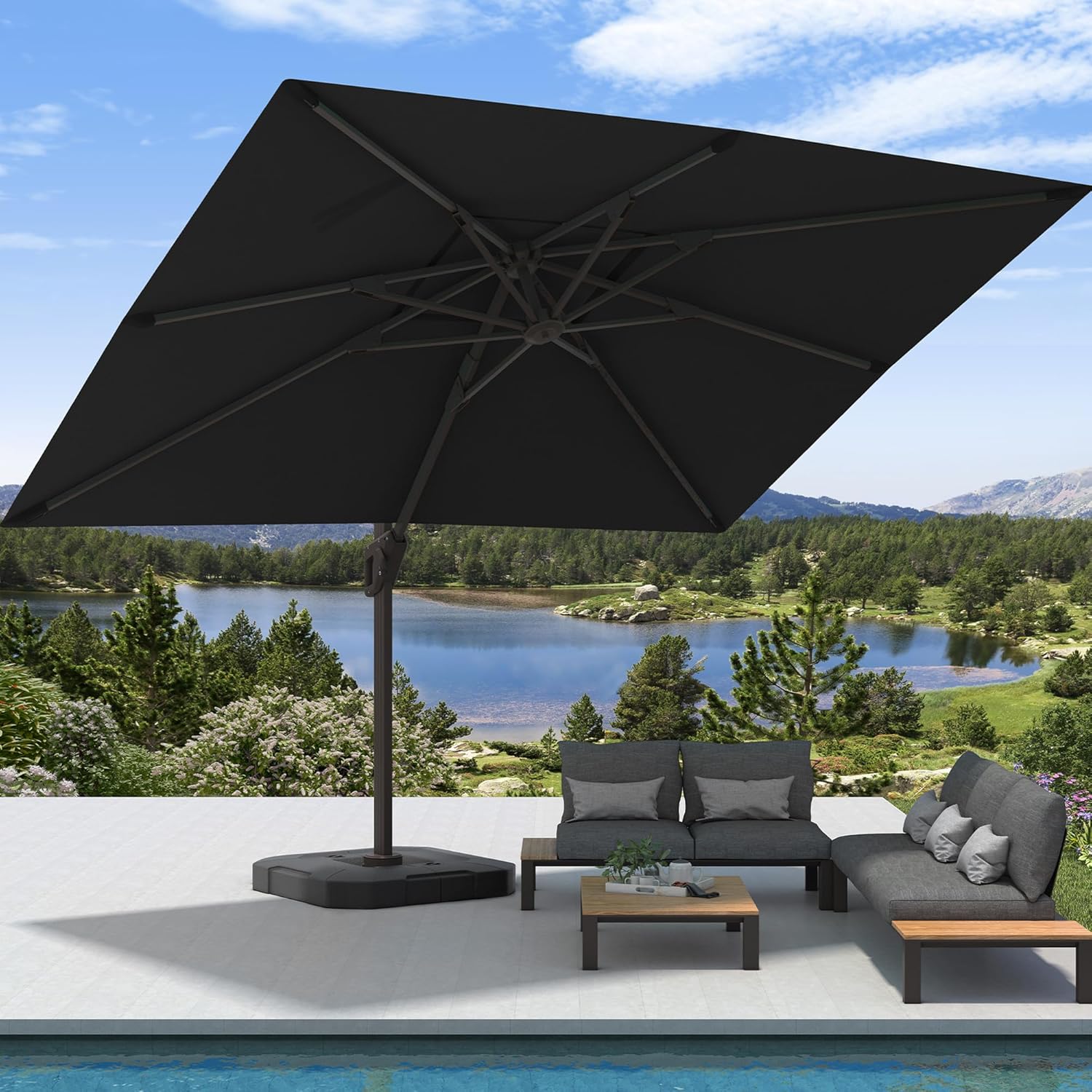 9' X 12' Cantilever Patio Umbrella with Base Included Rectangular Outdoor Large Offset Umbrellas with 7 Tilts Adjustable 360°Rotation for Deck Pool Garden Backyard, Black