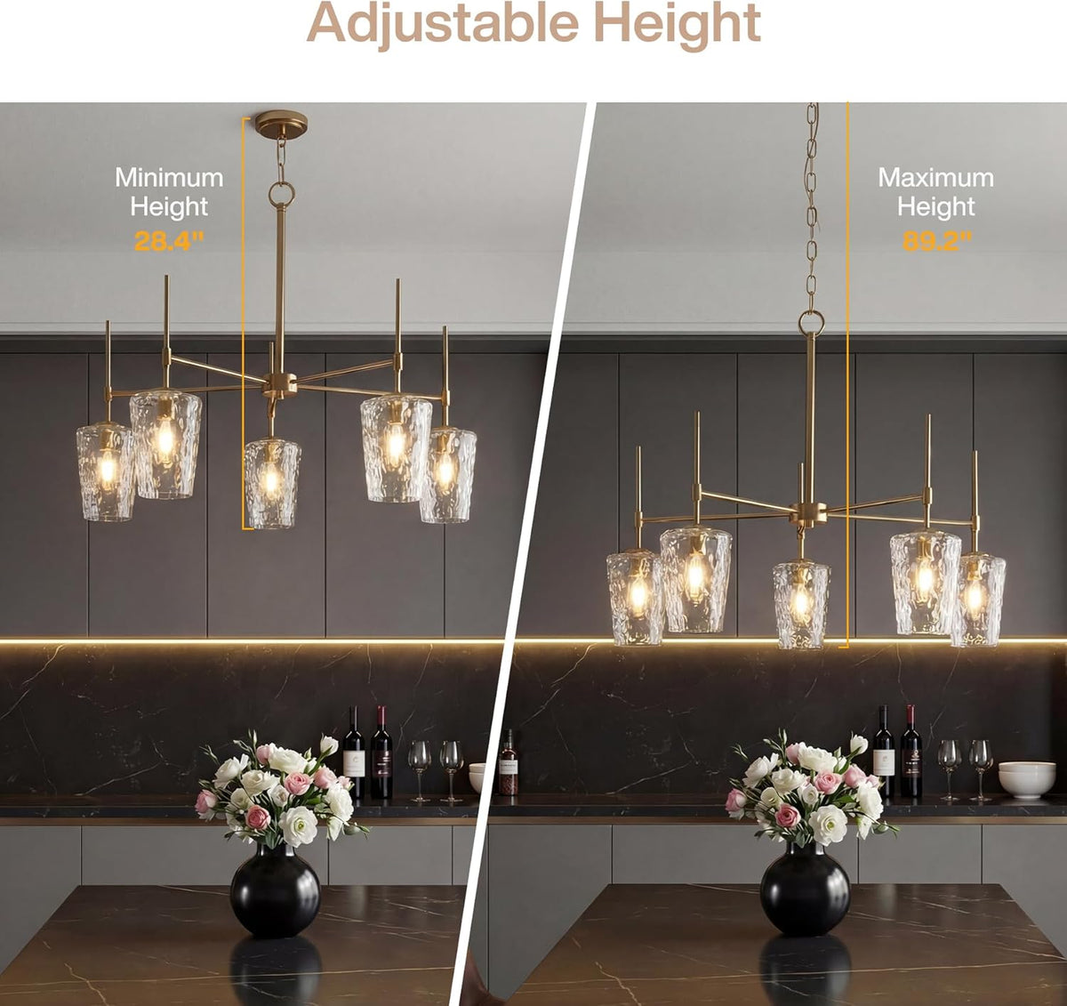 Tribesigns Modern Gold Chandelier with Water Ripple Wine Glass Shades, 5-Light Pendant Light with Adjustable Height for Dining Room, Kitchen Island, Living Room, E12 Base