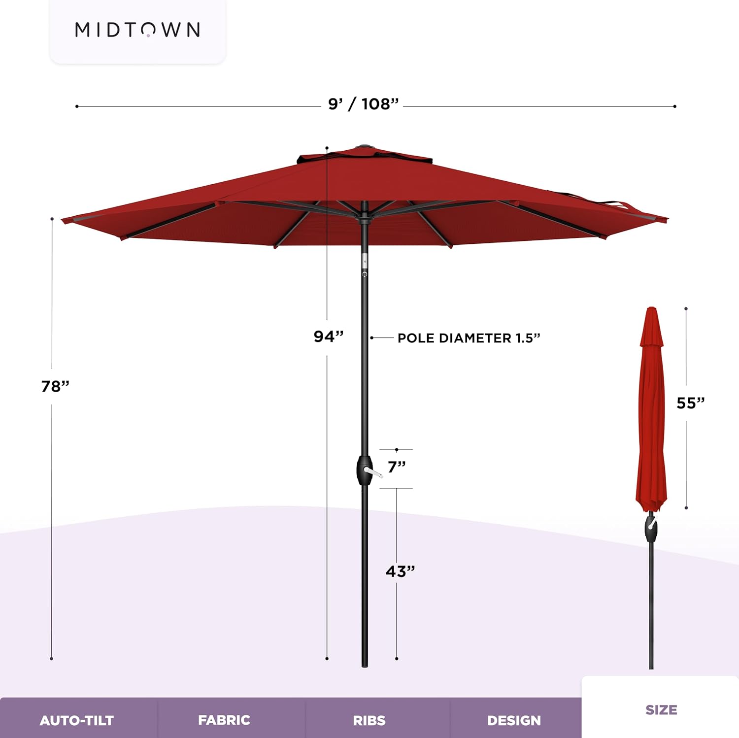 Midtown Umbrellas - The Lean 9 Ft Patio Umbrella with Fade-Resistant Sunbrella Fabric, Auto-Tilt Aluminum Frame and 8 Reinforced Ribs for Deck, Pool & Garden - Red Canopy, Black Pole
