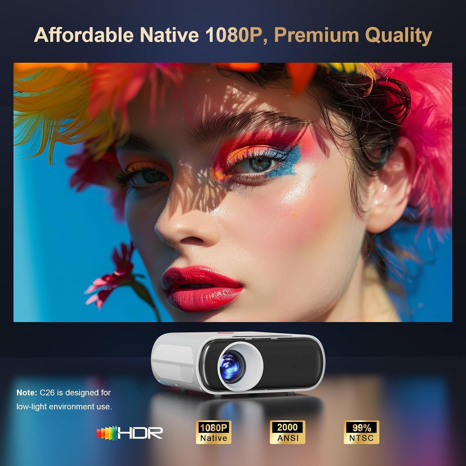 2000 ANSI Projector with WiFi and Bluetooth, Goiaey Smart Portable Projector Compatible with GoogIe TV, Built-in Official Apps, GoogIe Voice, DoIby Audio, HDMI ARC CEC Native 1080P Movie Projector