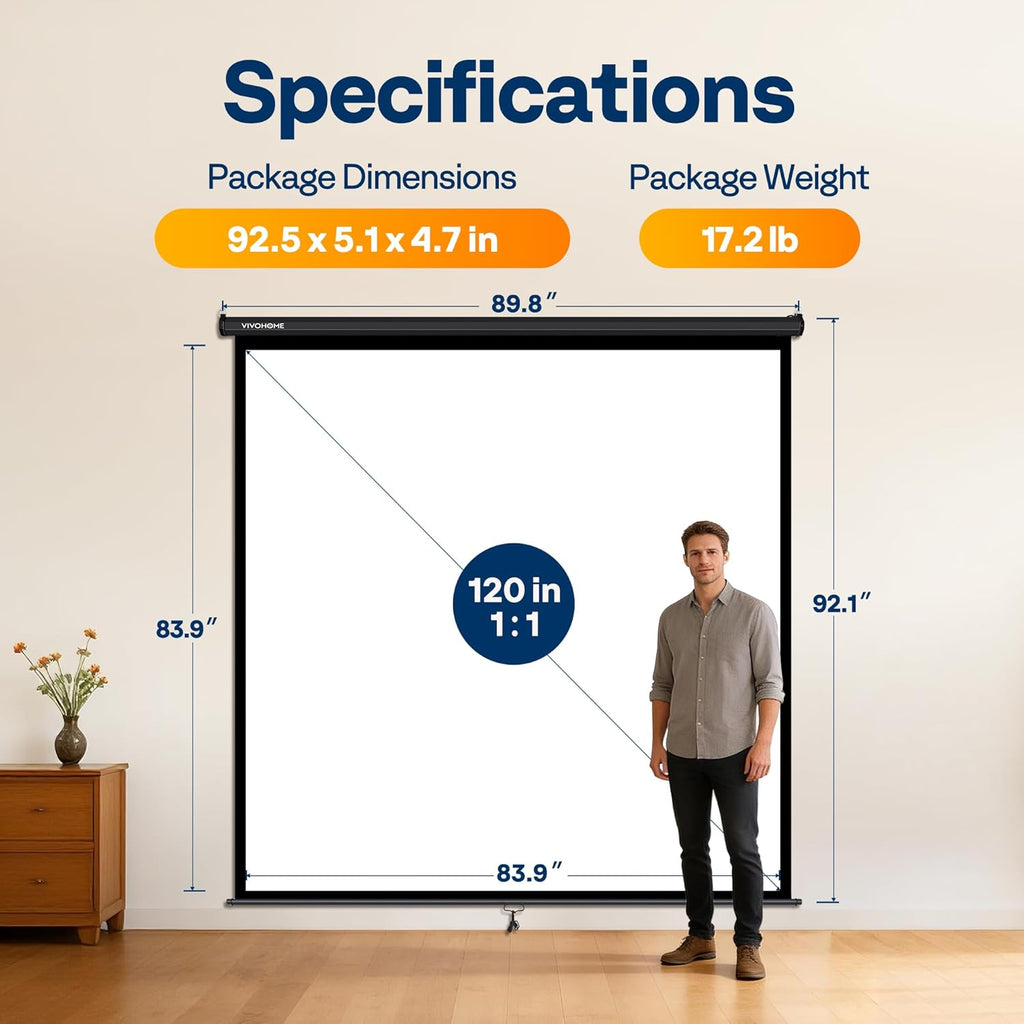 VIVOHOME 120 Inch 1:1 Pull Down Projector Screen, HD 4K Retractable Movie Screen for Indoor Home Theater and Office, Manual Projection Screen with Auto Locking (84Wx84H Inch Display Area), Black