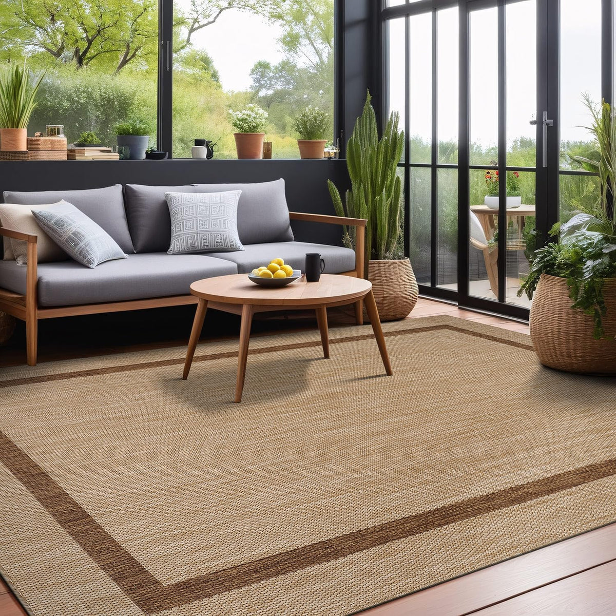 Luul Home Bordered Outdoor Rug 9x12 Washable Outside Carpet for Indoor Patio Porch Waterproof Easy Cleaning Non Shedding Area Rugs Jute Beige - Nut Brown 9 x 12