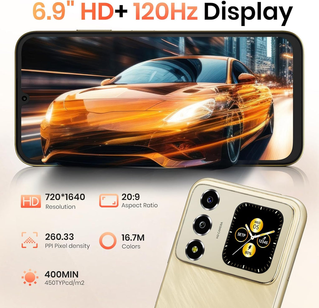 FOSSIBOT S7 Android 16 CellPhones, 16GB+128GB+2TB Unlocked Phone, 6.9" FHD Display 120Hz Dual-Screen Smartphones, 5000mAh Battery 4G Dual Sim Mobile Phone, Gemini Al/GPS/Face ID (2026 Gold)
