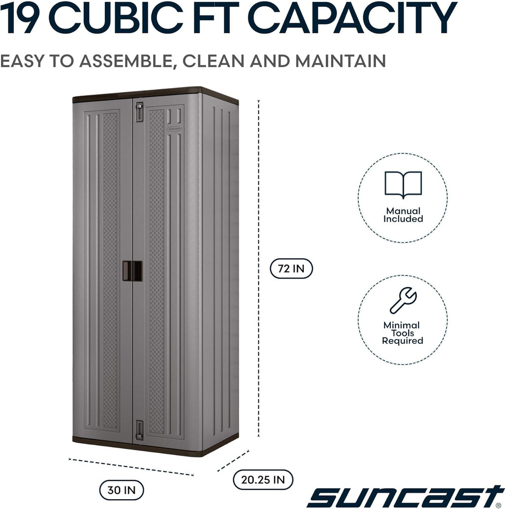 Suncast Tall Storage Cabinet for Garage Organization - 72" Freestanding Utility Closet with Shelving for Garden Supplies, Paint Cans & Outdoor Tools, Multi-Wall Resin Construction, Platinum