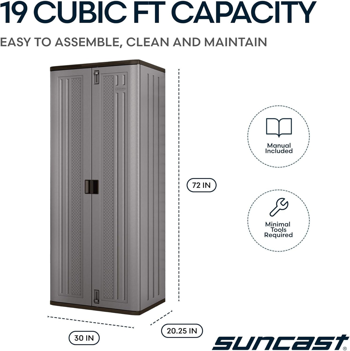 Suncast Tall Storage Cabinet for Garage Organization - 72" Freestanding Utility Closet with Shelving for Garden Supplies, Paint Cans & Outdoor Tools, Multi-Wall Resin Construction, Platinum