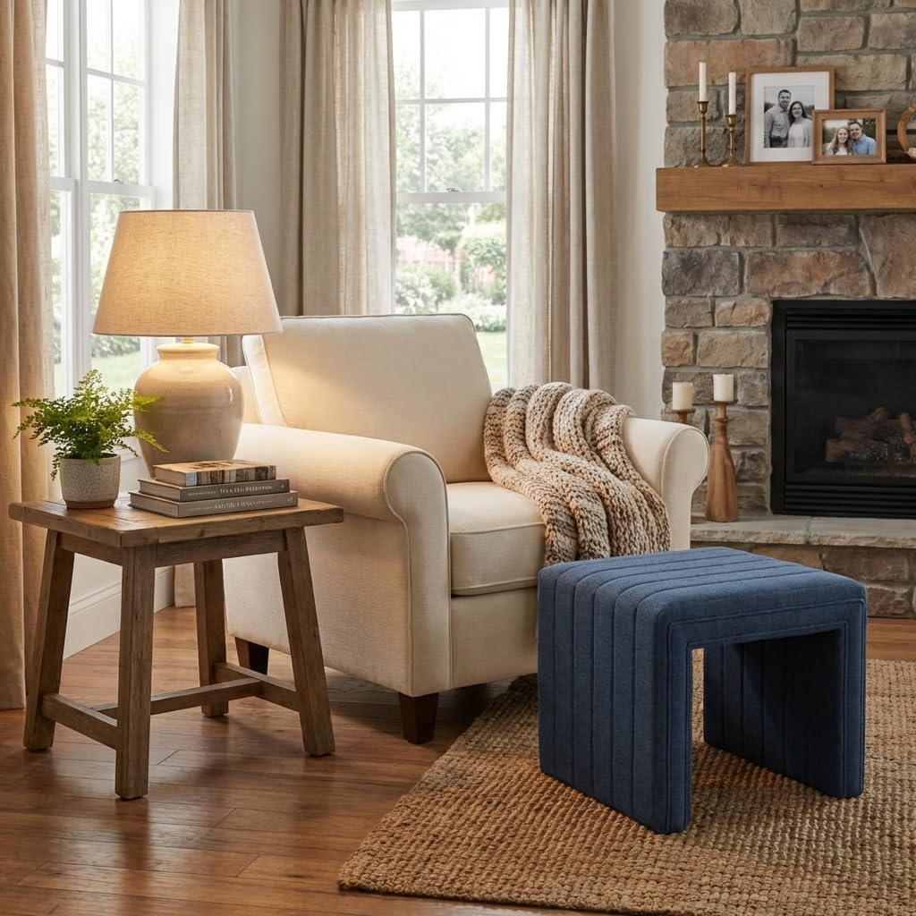 HomePop Modern Channel Tufted Ottoman|Homepop Home Décor|Ottoman for Living Room & Bedroom - Blue Woven Fabric