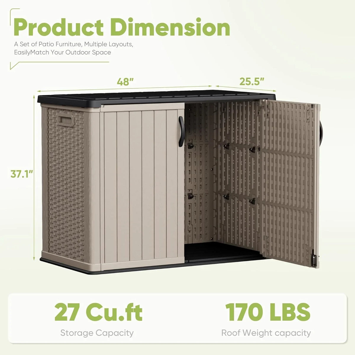 Devoko Outdoor Storage Cabinet 26 Cu Ft with Lockable Doors, Horizontal Storage Shed Waterproof Patio Tools Storage Box for Sofa Cushions, Gardening Tools and Accessories (White)