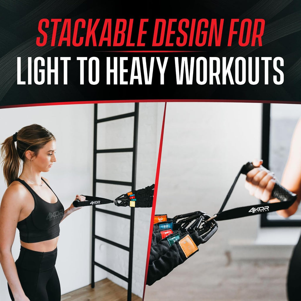 4KOR Deluxe Shoulder and Full Body Cross Anchored Resistance Cord System with Interchangeable Handles, Foot Straps, and Workout Guide. Exercise Bands with Nylon Sleeves, Anchors, and Carry Bag