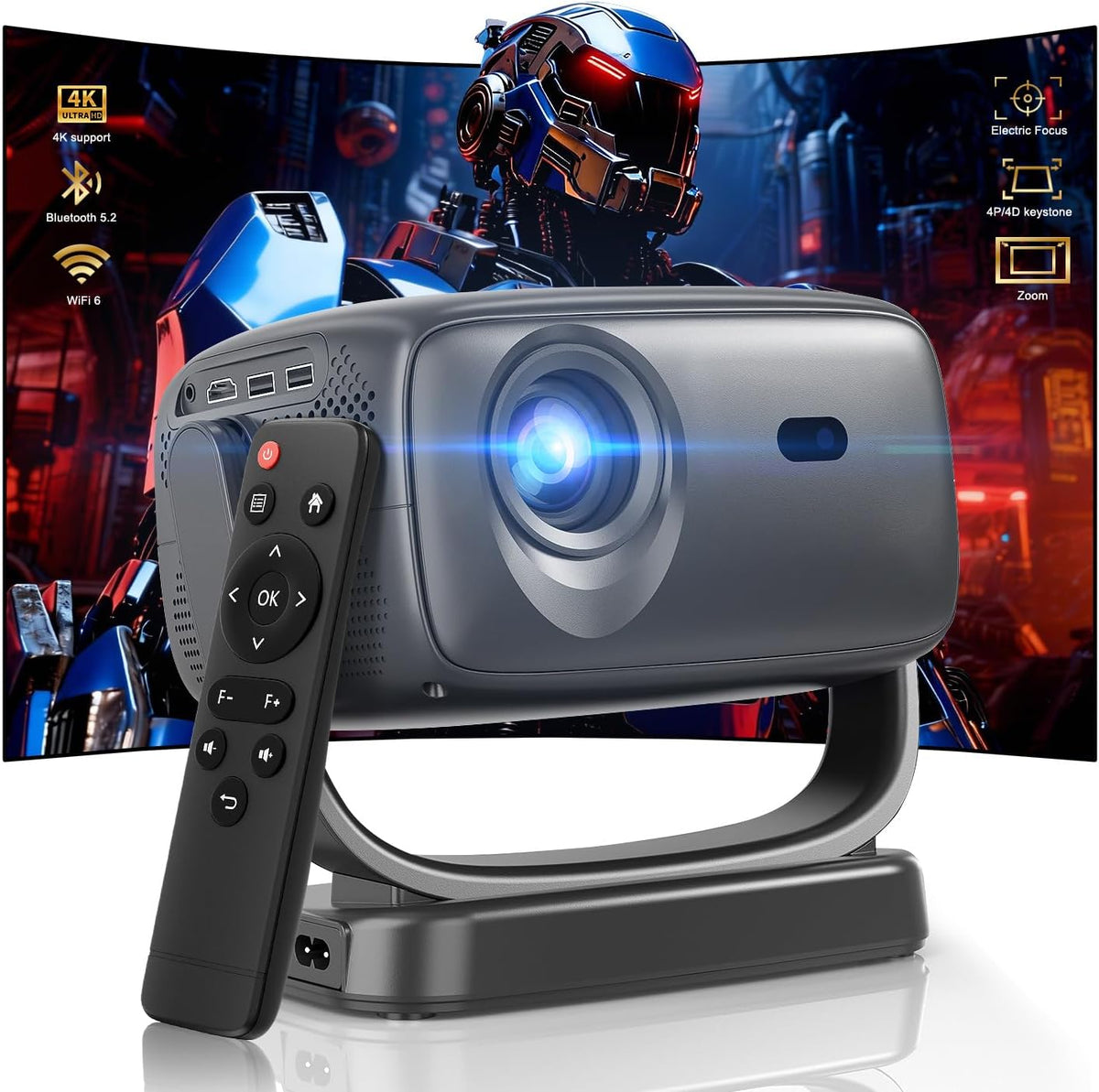 4K Smart Portable Projector with 5G WiFi,Bluetooth 5.2,600 ANSI Projector with Built in App,1080P Outdoor Movie Projector with 4P4D Correction,Rotatable 180°,Max 220" Compatible with iPhone/Android/TV