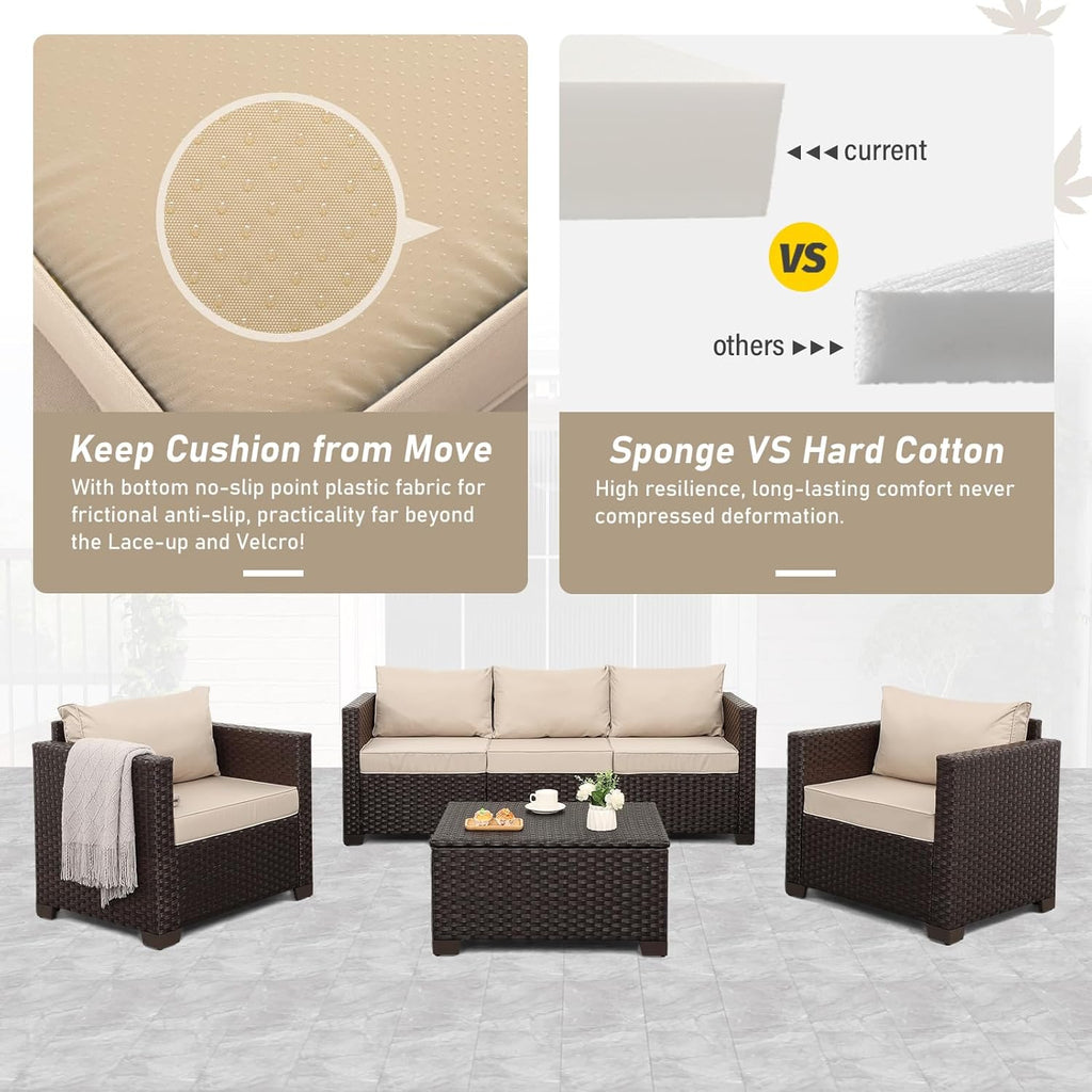 Rattan Star 6 Pieces Patio Outdoor Furniture Outdoor Conversation Sets Wicker Sofa Set with Outdoor Couch Patio Chairs Storage Coffee Table Khaki Cushions Waterproof Covers