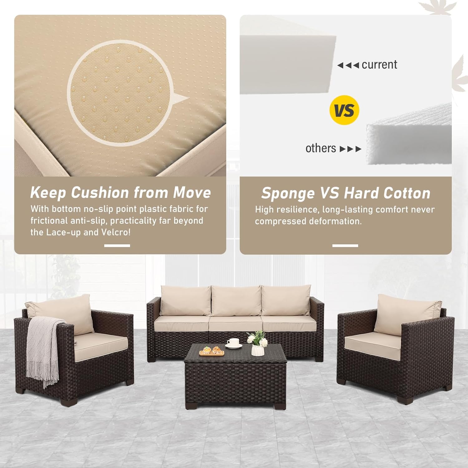 Rattan Star 6 Pieces Patio Outdoor Furniture Outdoor Conversation Sets Wicker Sofa Set with Outdoor Couch Patio Chairs Storage Coffee Table Khaki Cushions Waterproof Covers