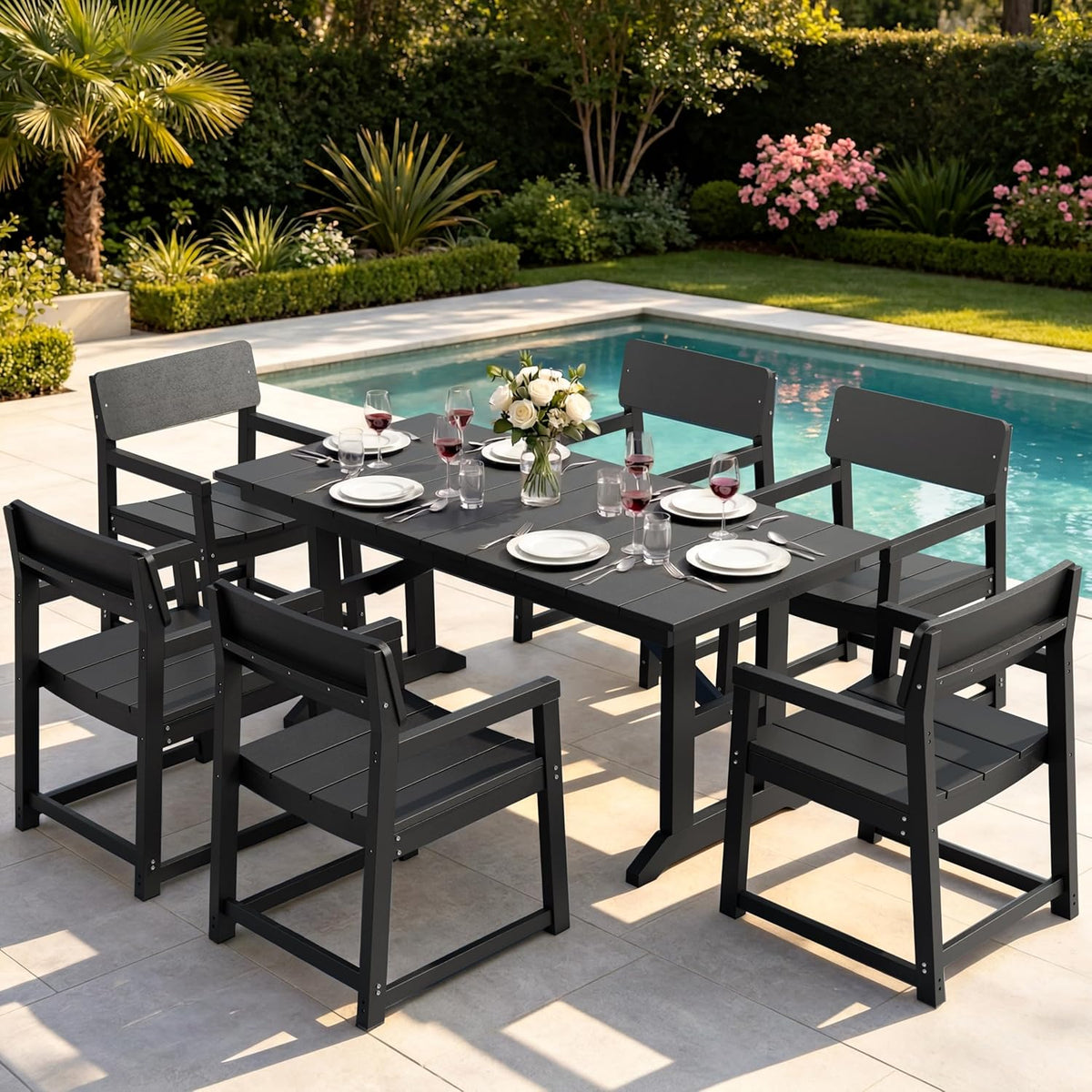 JAMFLY 7 Piece Outdoor Dining Set, All Weather Patio Table and Chairs for Backyard Garden Deck Lawn Pool, Sturdy All Weather Outdoor Furniture Set with Umbrella Hole, Black