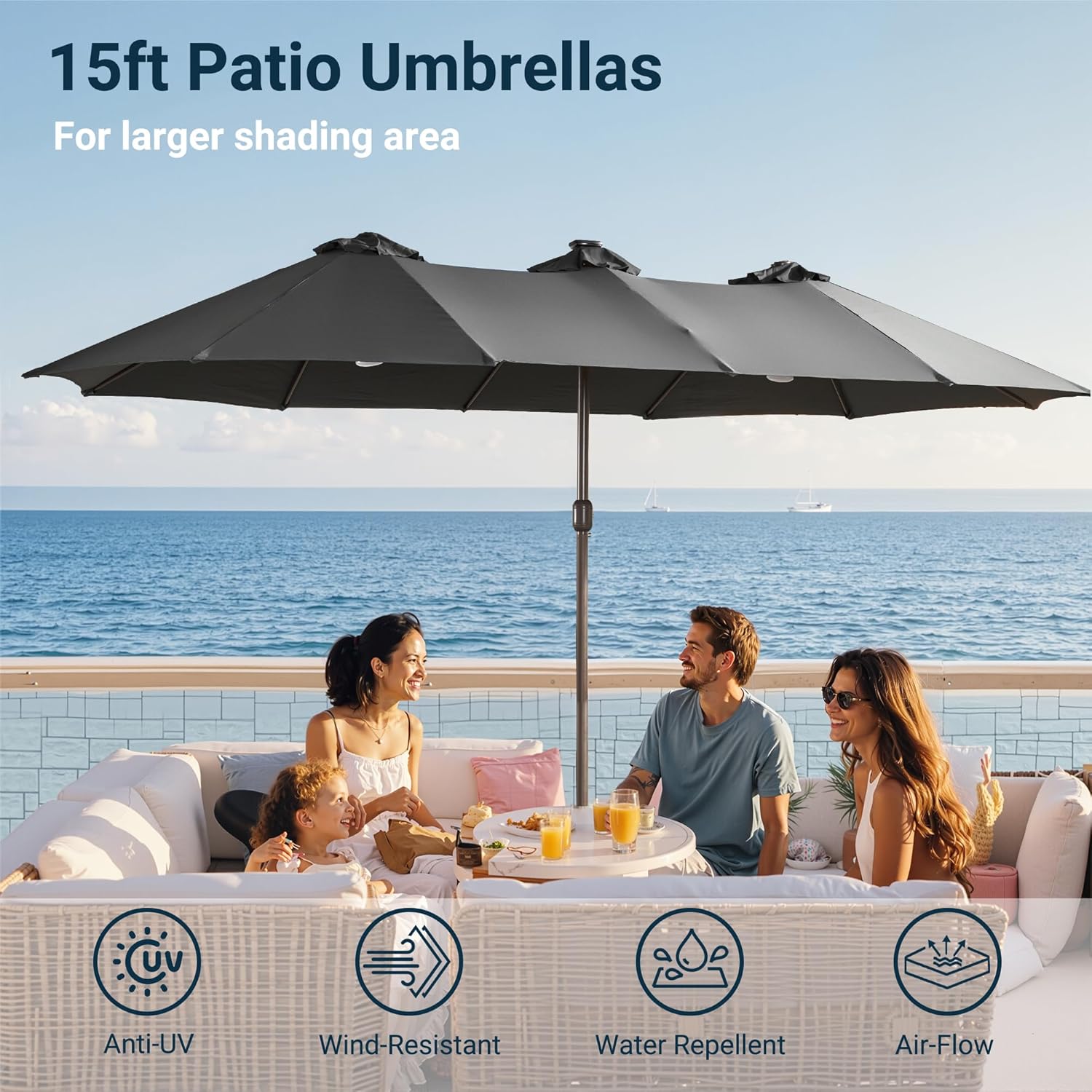 HOOOWOOO Outdoor Patio Umbrella With Solar Light,15 Ft Large Beach Umbrella,Picnic Parasol Sunshade W Base 156 Colorful LED APP Control DIY Light Modes Crank Handle For Backyard Deck Pool Shade