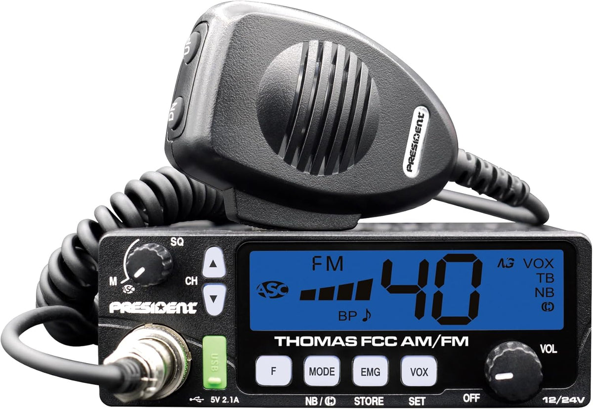 President Thomas FCC AM/FM CB Radio – 40 Channel, VOX Hands-Free, USB Port, ASC, Multi-Color LCD Display – 12/24V Compact Mobile Transceiver for Truckers & Off-Road Communication