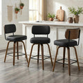 Swivel Bar Stools Set of 3, 26" Upholstered Counter Height Bar Stools with Back and Walnut Wood Legs, Faux Leather Barstools for Kitchen Counter, Black