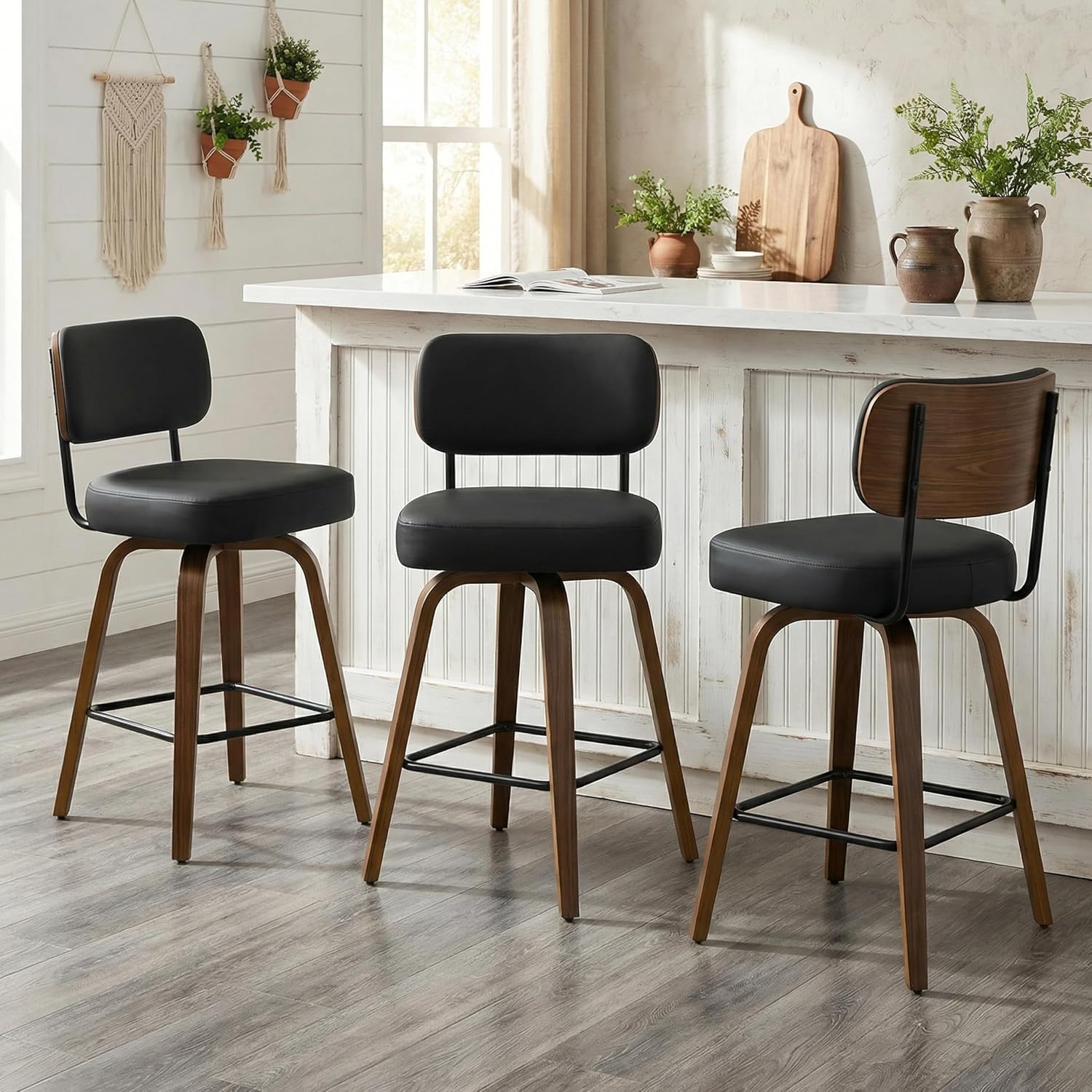 Swivel Bar Stools Set of 3, 26" Upholstered Counter Height Bar Stools with Back and Walnut Wood Legs, Faux Leather Barstools for Kitchen Counter, Black