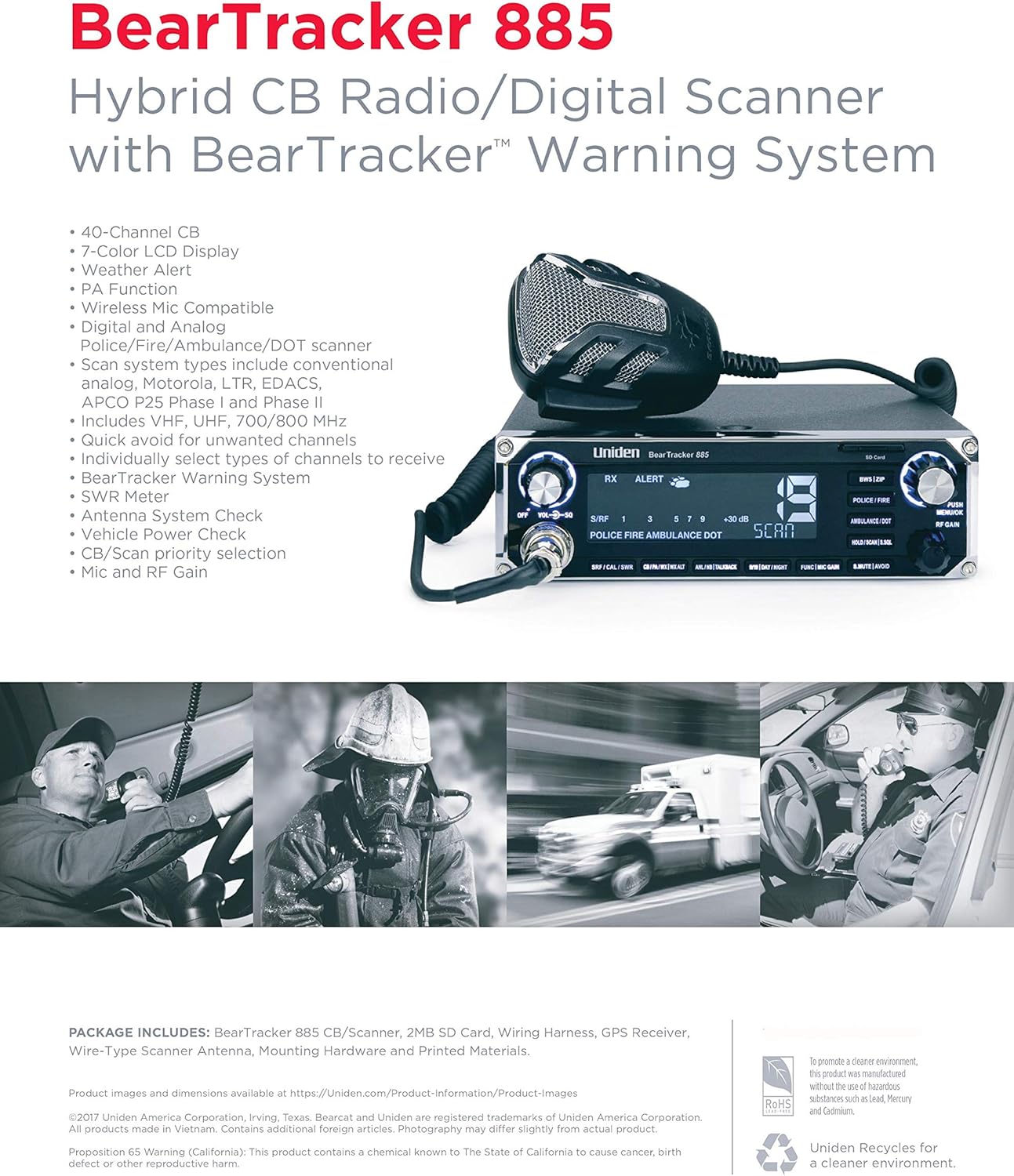 Uniden BEARTRACKER 885 Hybrid Full-Featured 40-Channel 4-Watt CB Radio + Digital TrunkTracking Police/Fire/Ambulance Scanner Bundle with BC906W Wireless CB Microphone Speaker