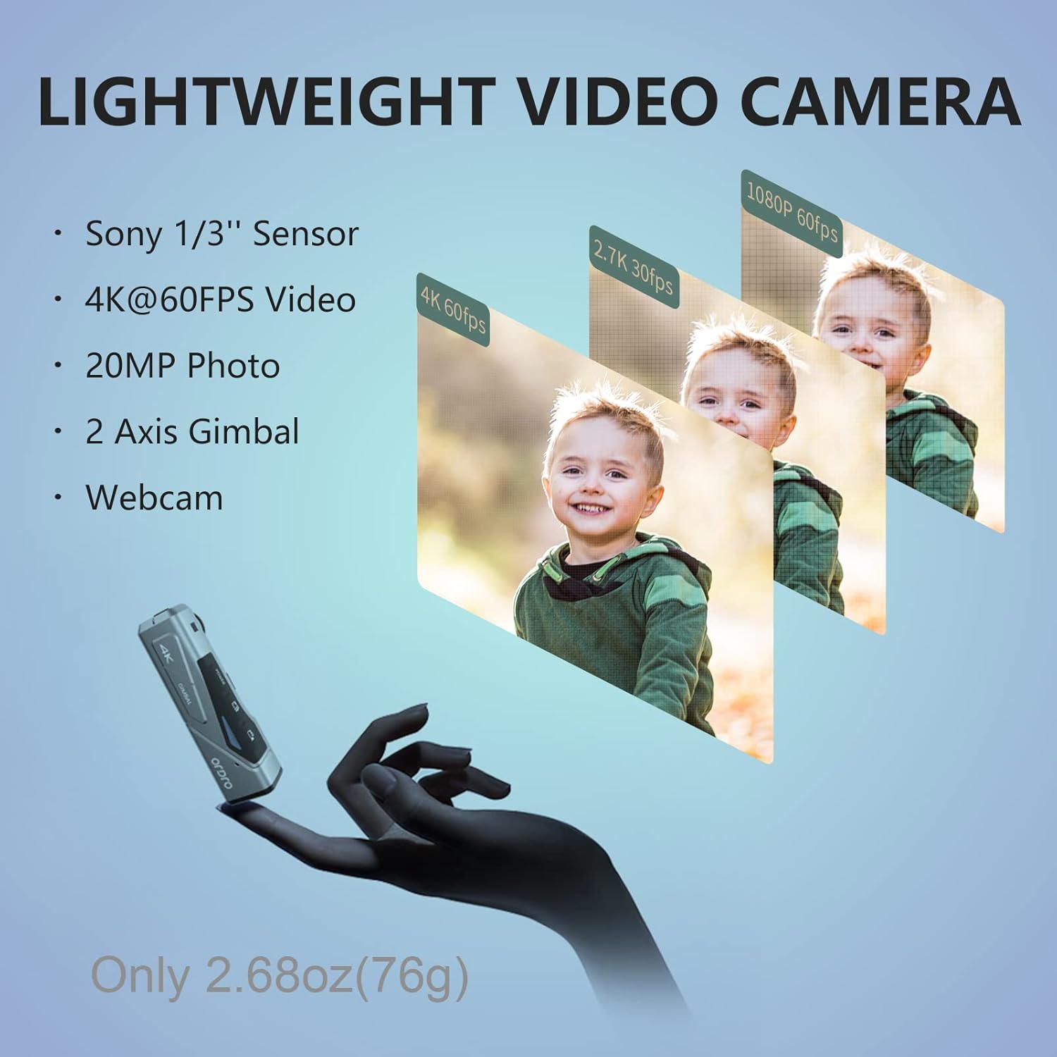 ORDRO EP7 4K Video Camera, Head Mounted Camera Vlog Camcorder, 4K 60FPS Wearable Vlogging Camera with 64G Micro Card, Build-in 1000mAh Rechargeable Battery